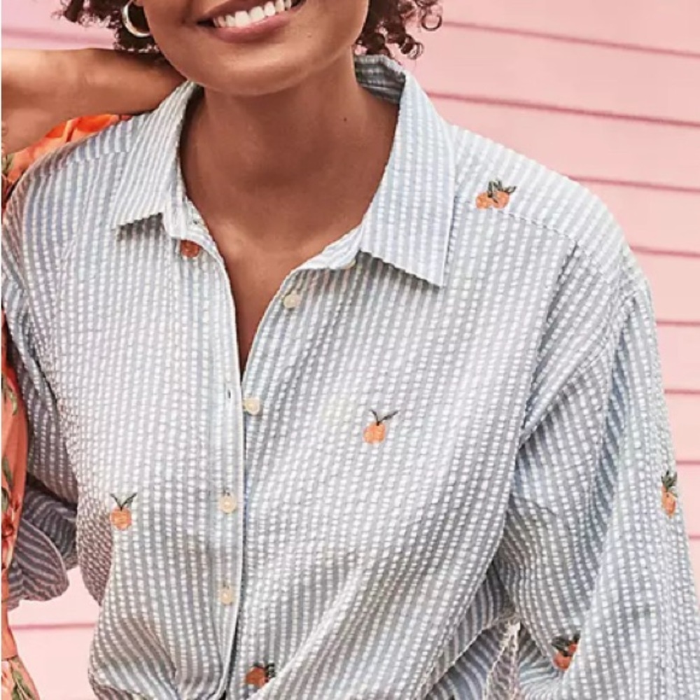 Loft Seersucker Striped Button-Up Shirt with Orange Embroidery Sz XS 🌞🌞